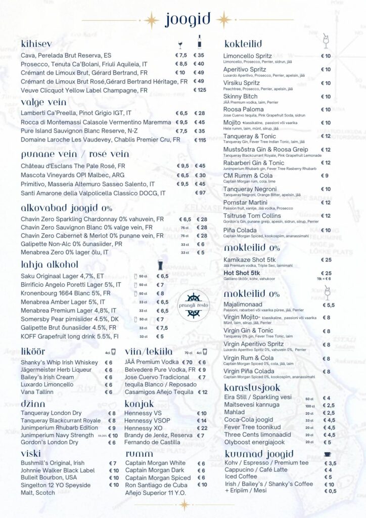 Prangliresto joogikaart 2026