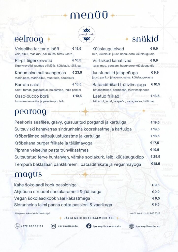 Prangliresto menüü 2026