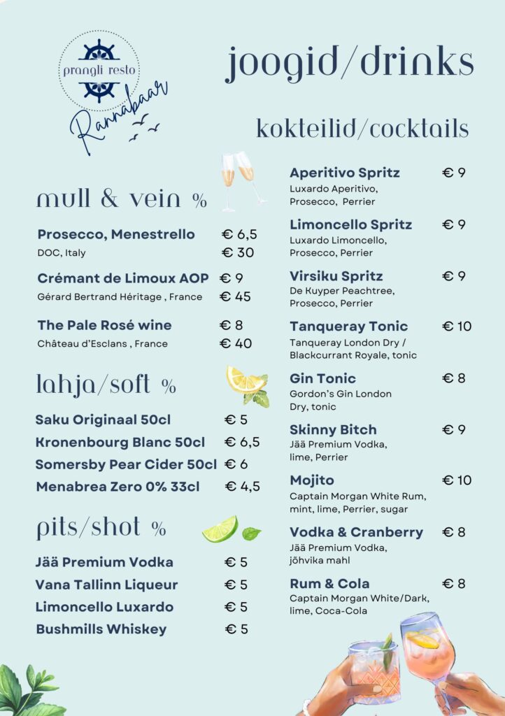 Prangliresto Rannabaar joogikaart 2025