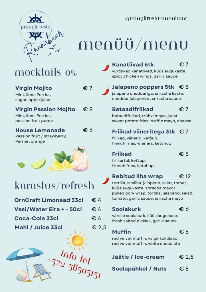 Prangliresto Rannabaar menüü 2025