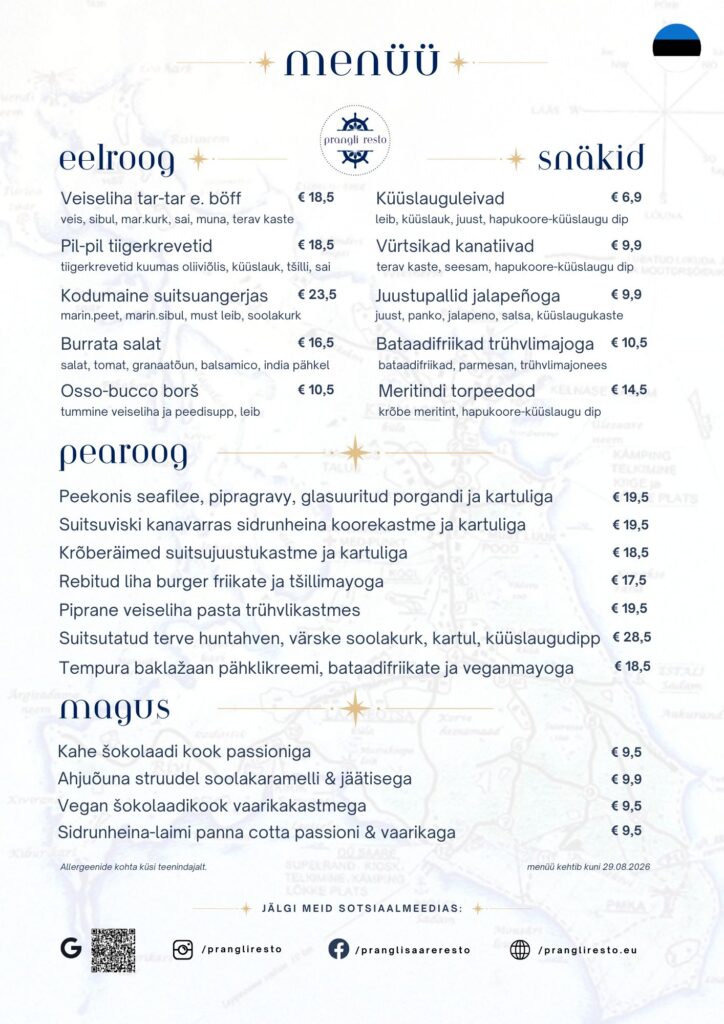 Prangliresto menüü 2026